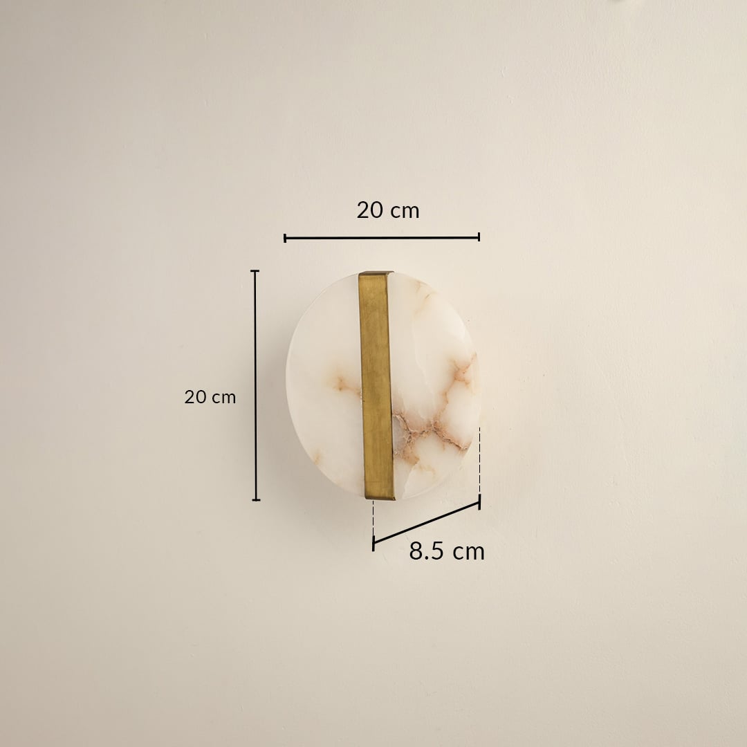 Marble gold wall light with 20 cm height 20 cm width and 8.5 cm depth for modern decor spaces.