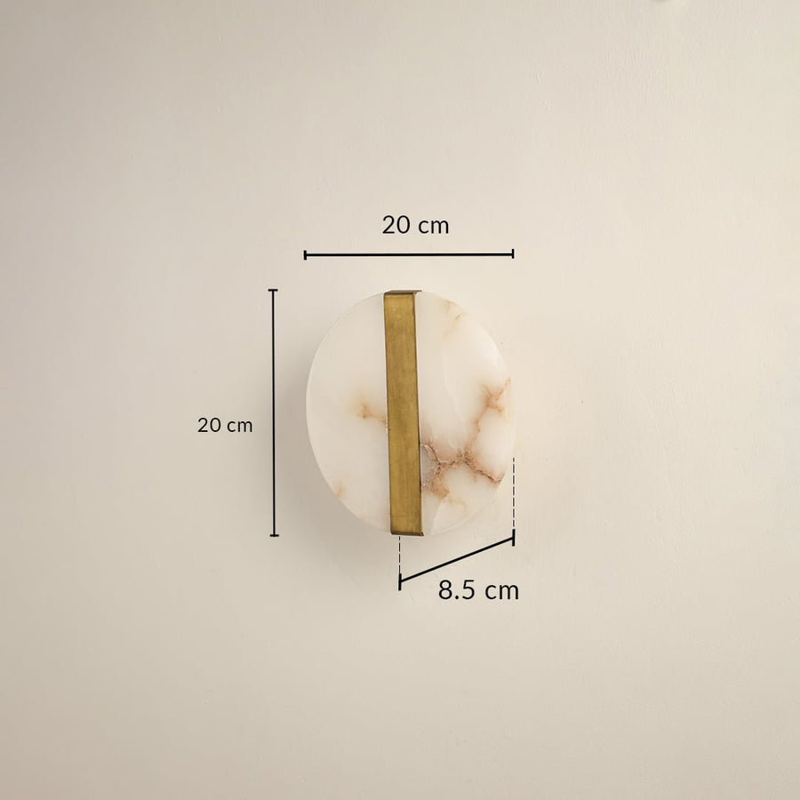 Marble gold wall light with 20 cm height 20 cm width and 8.5 cm depth for modern decor spaces.