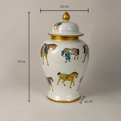 White ceramic jar with horse motif and golden detailing showing 39 cm height and 21 cm width ideal for decor styling.