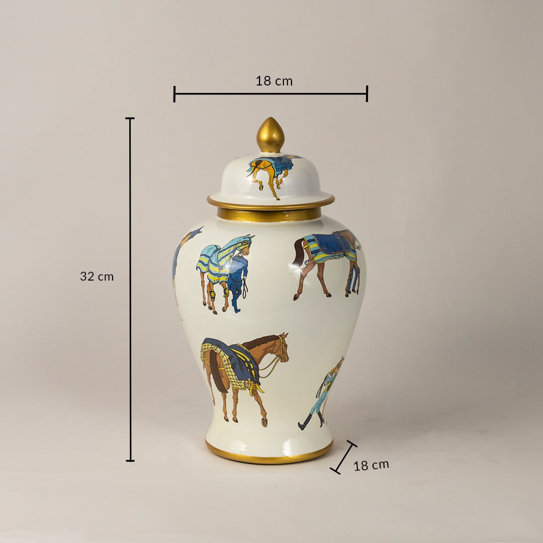 White ceramic jar with gold detailing and horse motifs showing 32 cm height and 18 cm width ideal for decor styling.
