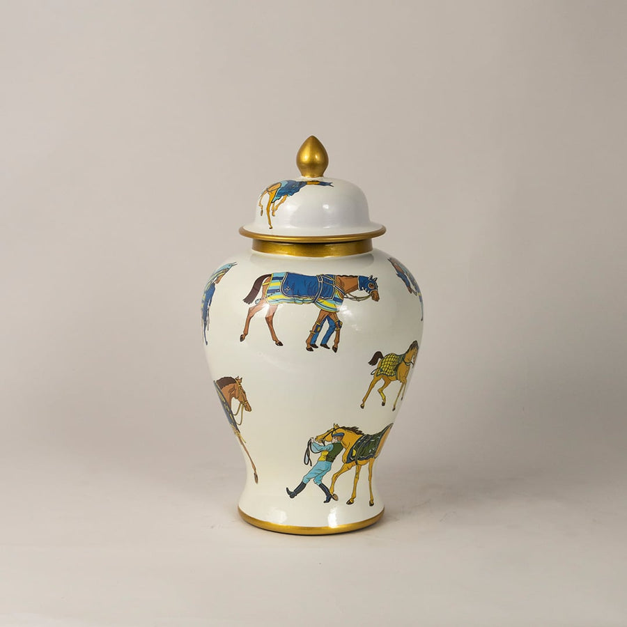 Side profile of white ceramic jar featuring hand-painted horse artwork and gold accents for artistic home decor.