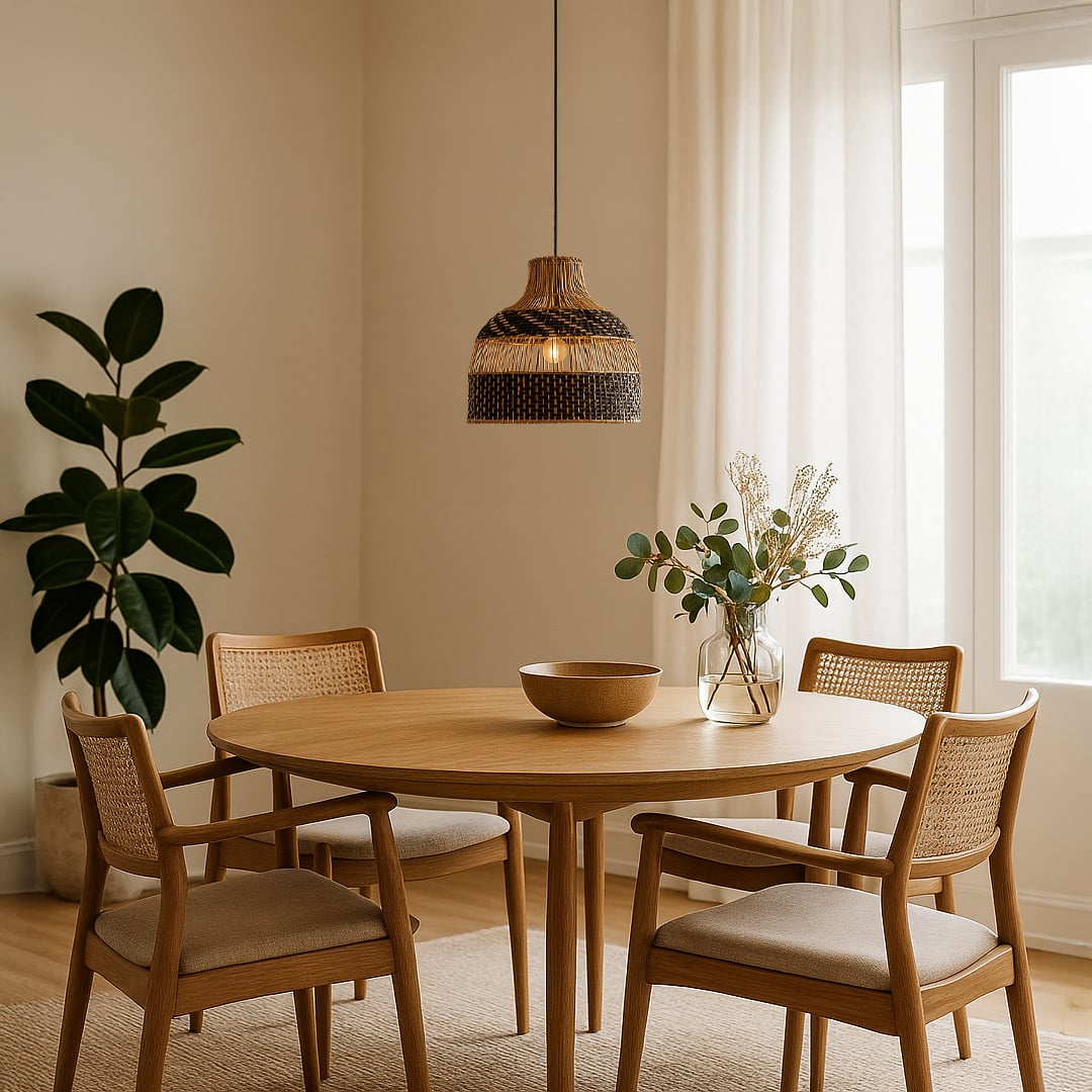 Black and natural rattan pendant light adding an earthy modern touch and soft glow to cozy living spaces.