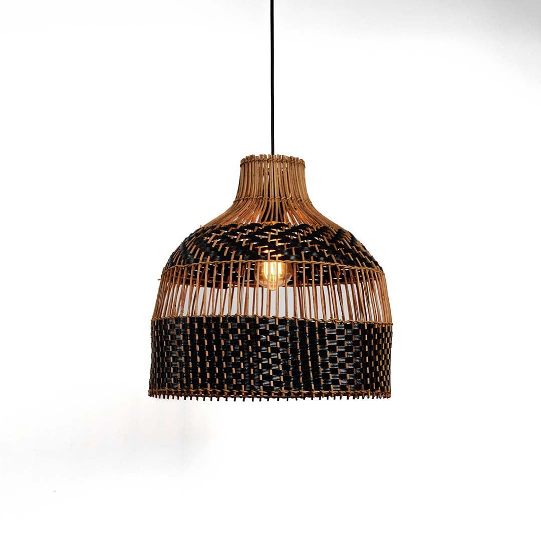Herringbone Rattan Pendant Light - Black & Beige