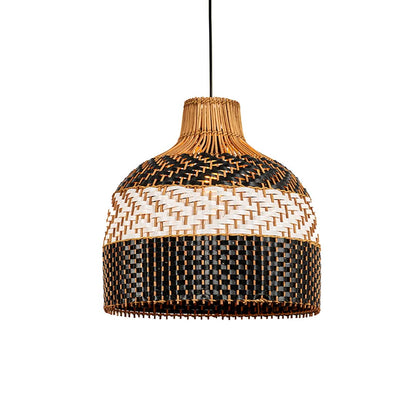 Black and beige woven rattan pendant light displayed for stylish boho ceiling decor appeal.