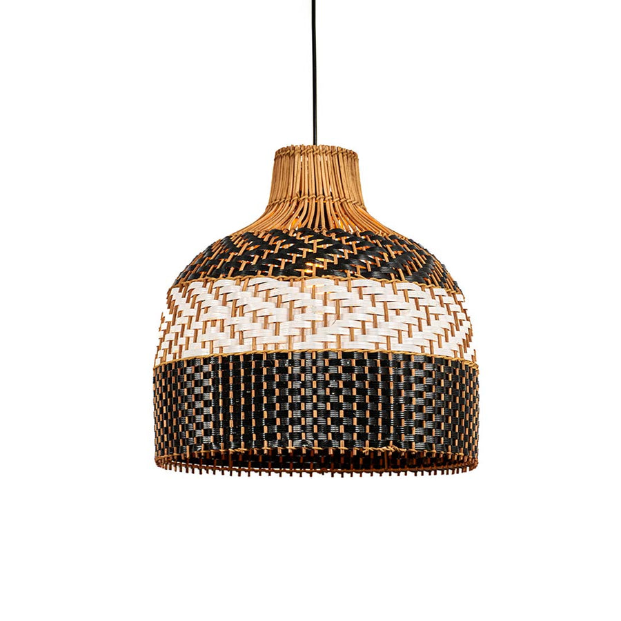 Black and beige woven rattan pendant light displayed for stylish boho ceiling decor appeal.