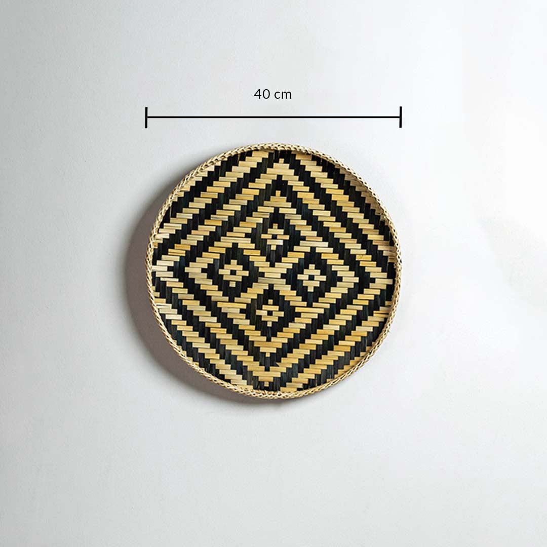 Round woven bamboo basket 40cm diameter with black tribal pattern dimension image showing handcrafted boho wall decor.