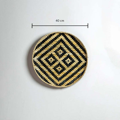 Round woven bamboo basket 40cm diameter with black tribal pattern dimension image showing handcrafted boho wall decor.