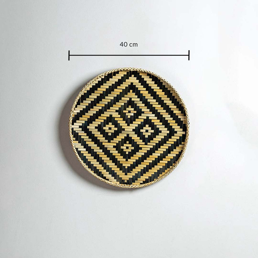 Round woven bamboo basket 40cm diameter with black tribal pattern dimension image showing handcrafted boho wall decor.