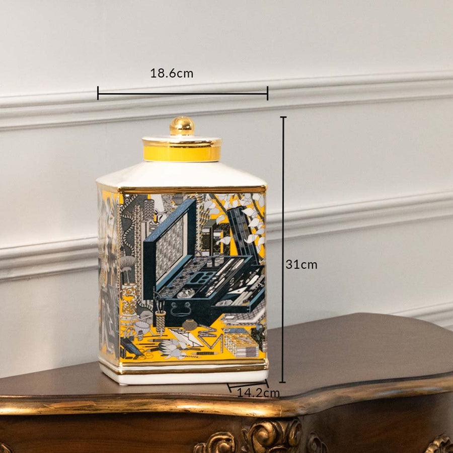 Yellow and blue ceramic jar with detailed horse artwork measuring 14.4 cm width and 21.5 cm height ideal for luxury living room décor and console styling.