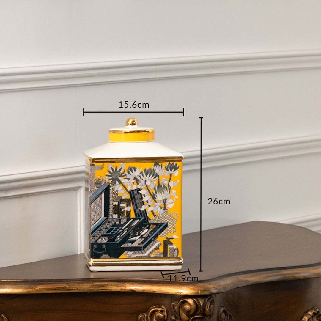Yellow and blue ceramic jar with detailed horse scene artwork in a front view measuring 13.5 cm width and 19 cm height perfect for luxury décor accents.
