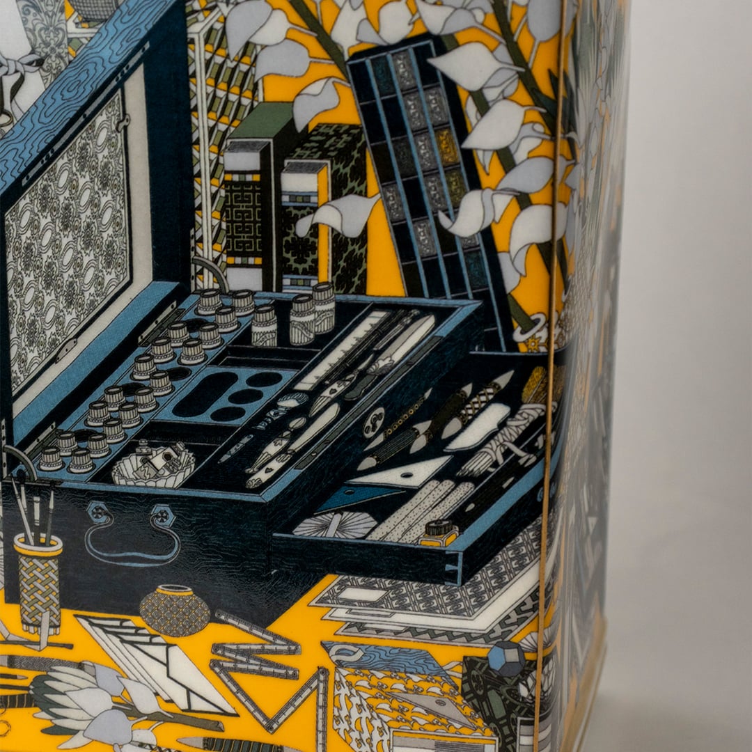 Closeup view of ceramic jar decorated with black and gold crane artwork ideal for oriental décor adding cultural elegance refined artistry to premium home décor settings.