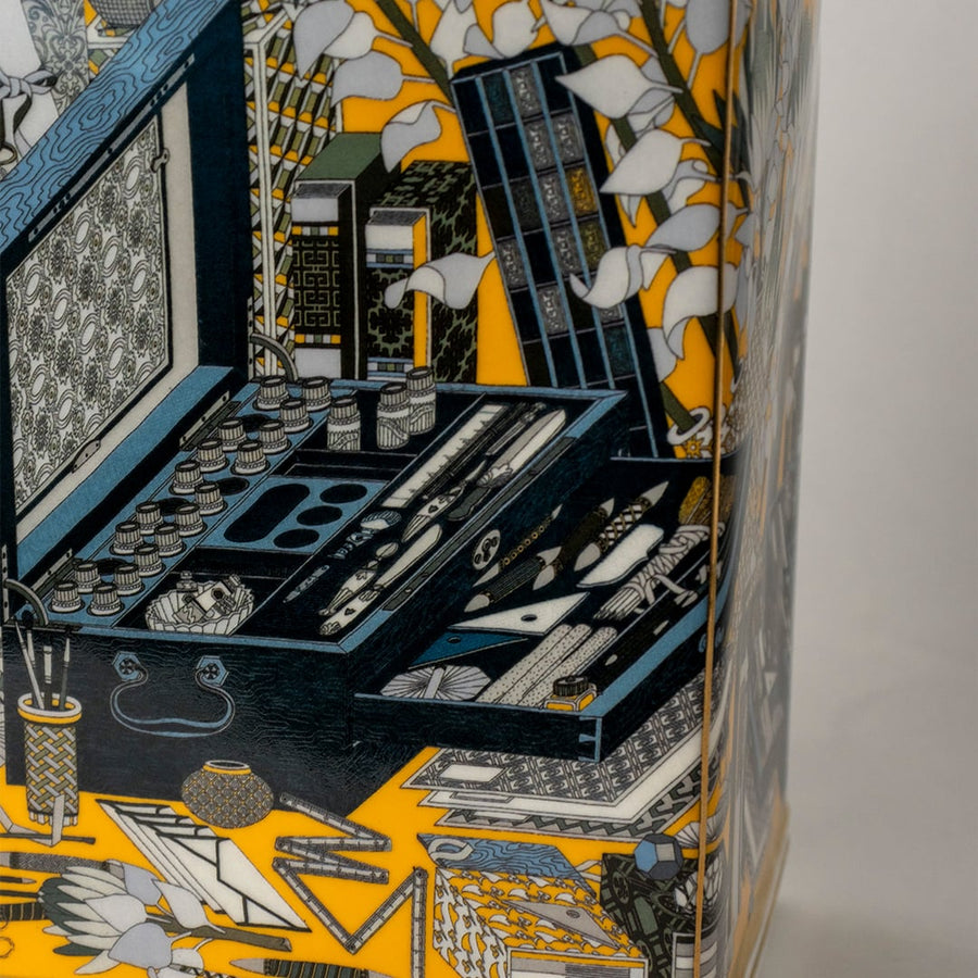 Closeup view of ceramic jar decorated with black and gold crane artwork ideal for oriental décor adding cultural elegance refined artistry to premium home décor settings.