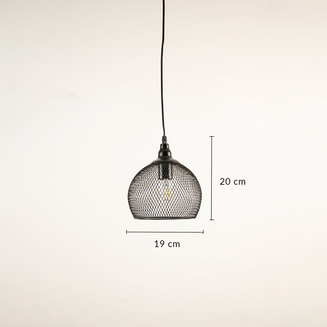 Black mesh metal pendant light showing 20 cm height and 19 cm width for accurate measurement details.
