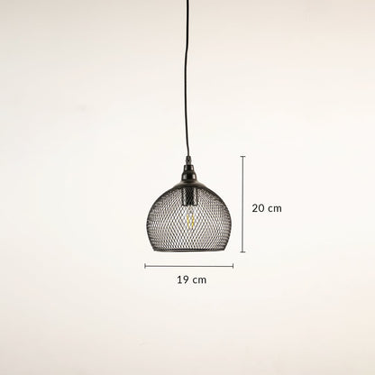 Black mesh metal pendant light showing 20 cm height and 19 cm width for accurate measurement details.