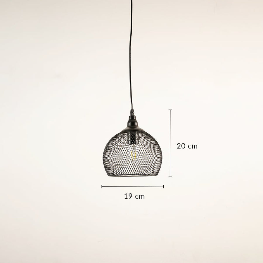 Black mesh metal pendant light showing 20 cm height and 19 cm width for accurate measurement details.