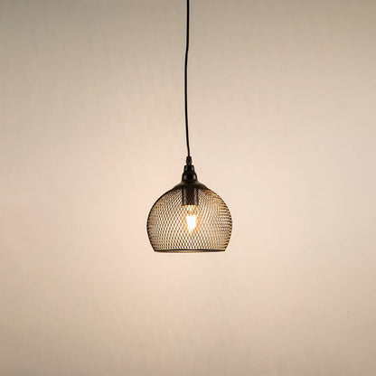 Black metal mesh pendant light glowing warmly on white background showcasing minimalist design.
