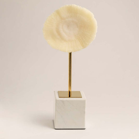 Modern coral inspired decor sculpture with marble base and gold stand displayed on plain white background.