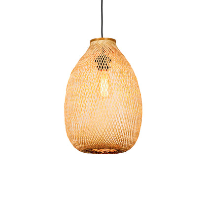 Woven rattan oval pendant light with warm glow natural hanging lamp for living room bedroom boho decor lighting.