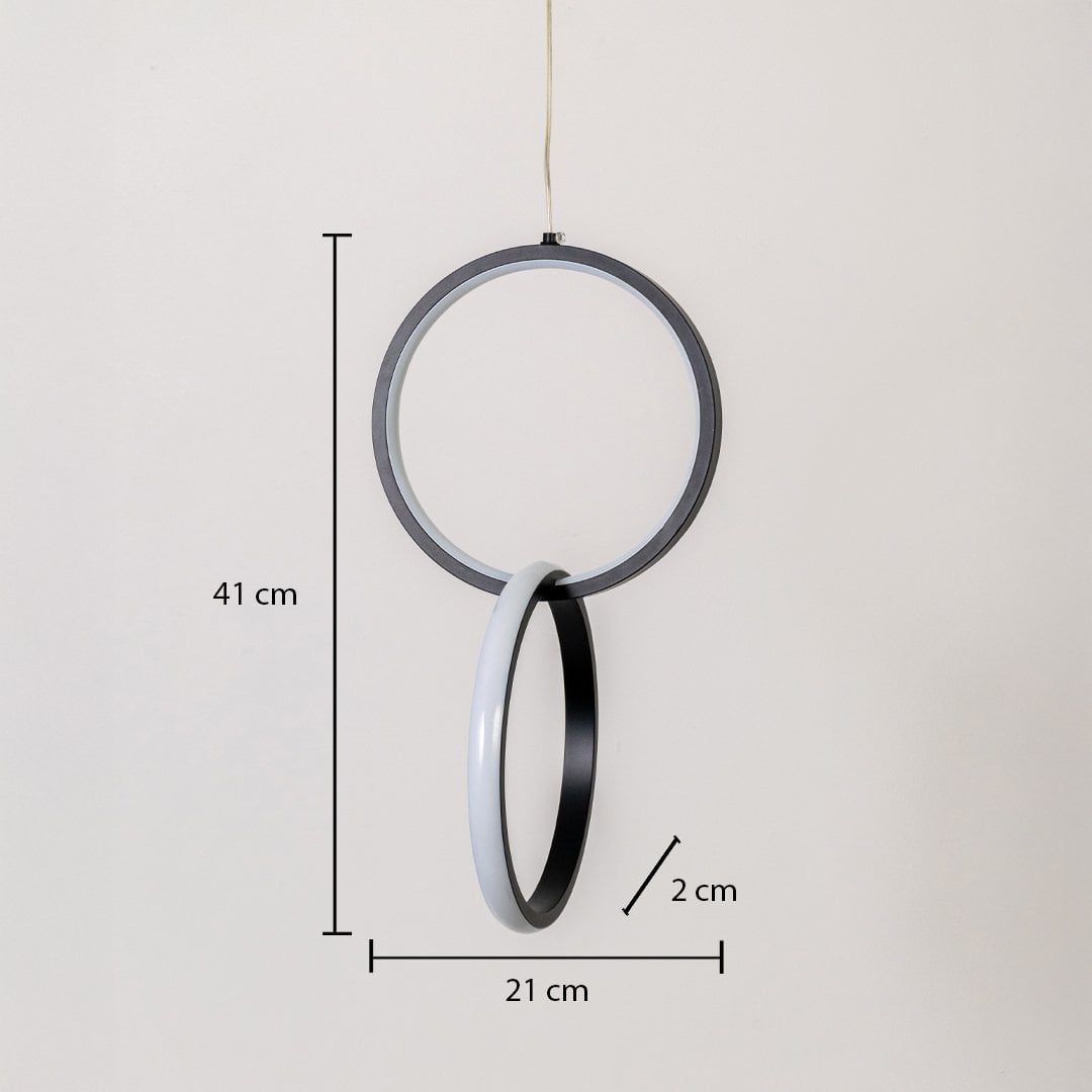 Black and white metal dual ring hanging light shown with 41 cm height 21 cm width and 2 cm depth for accurate wall placement.