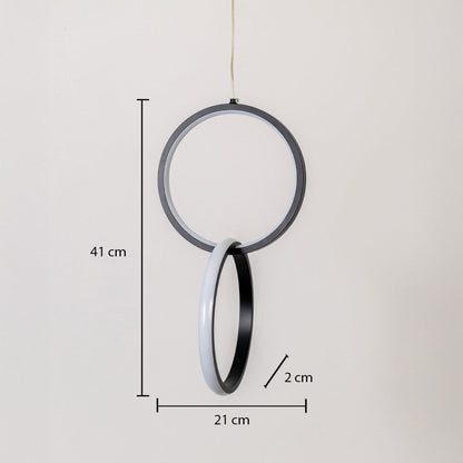 Black and white metal dual ring hanging light shown with 41 cm height 21 cm width and 2 cm depth for accurate wall placement.