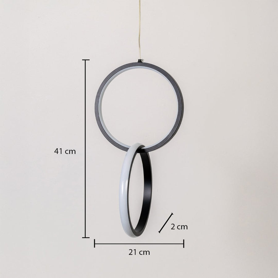 Black and white metal dual ring hanging light shown with 41 cm height 21 cm width and 2 cm depth for accurate wall placement.