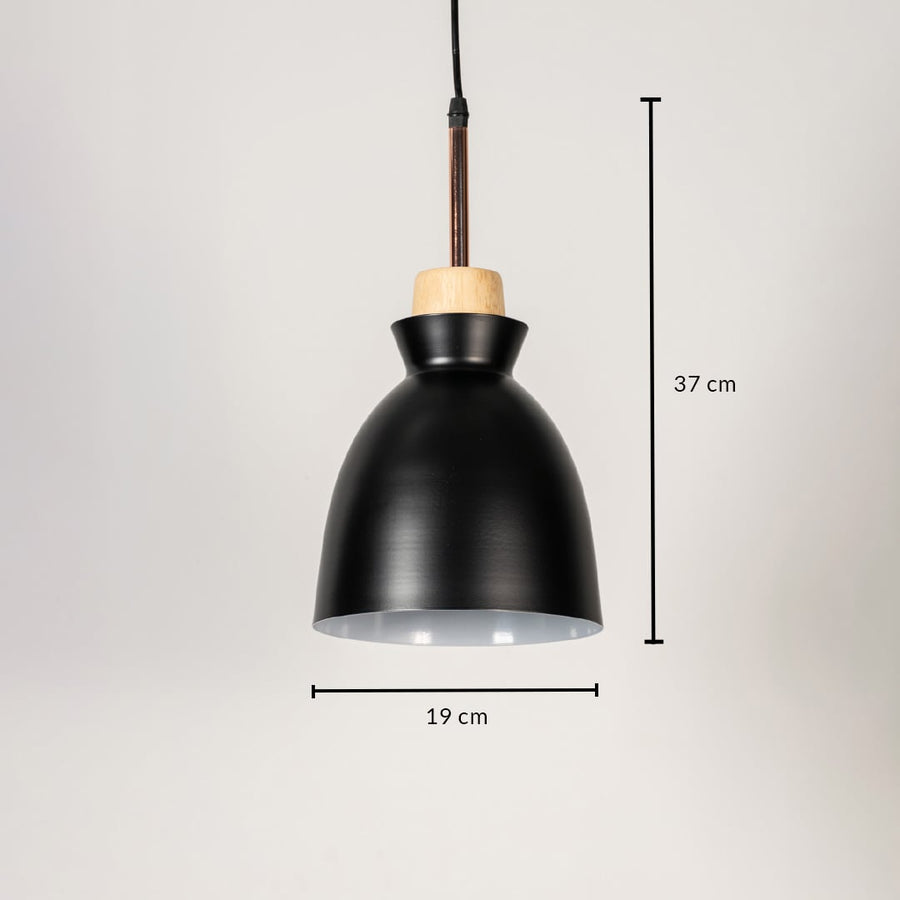 Black metal dome pendant light showing 31 cm height and 18 cm width dimensions designed for modern interior ceiling lighting.