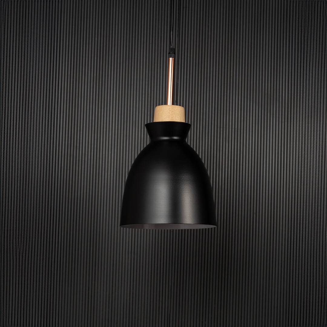 Black pendant ceiling light with wooden accent switched off on back background for modern dining room and cafe lighting decor.