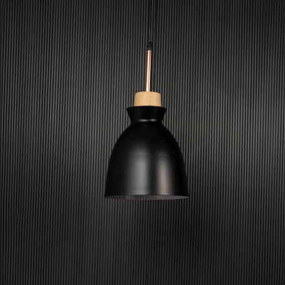 Black pendant ceiling light with wooden accent switched off on back background for modern dining room and cafe lighting decor.