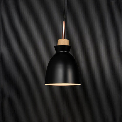 Black pendant ceiling light with wooden accent illuminated on back background for elegant dining room and cafe ceiling decor.