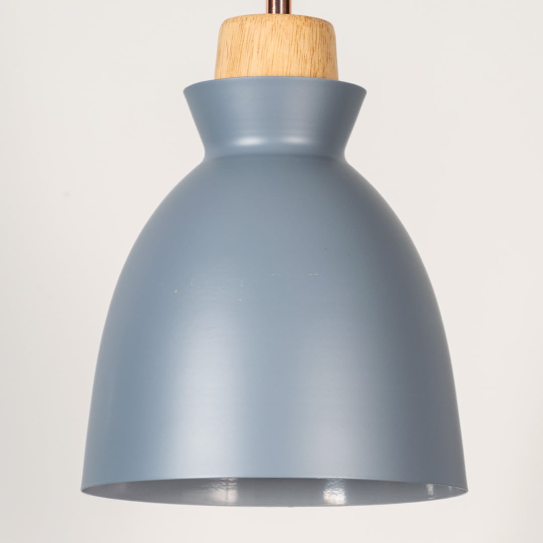 Closeup of grey pendant ceiling light with wooden top showing matte finish for stylish modern dining and kitchen lighting decor.