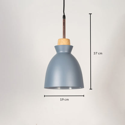 Grey pendant light with wooden top shown with size 37cm height and 19cm width on white background for product details.
