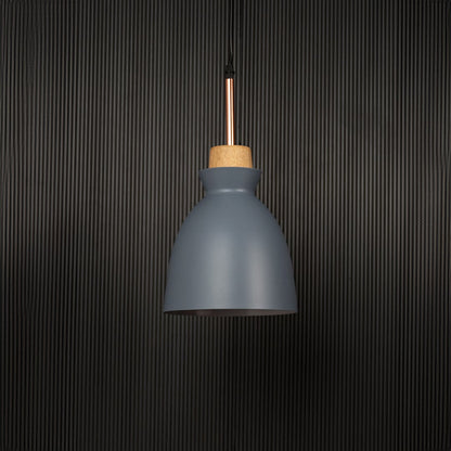 Grey pendant ceiling light with wooden accent switched off on back background for modern dining room and cafe interior lighting.