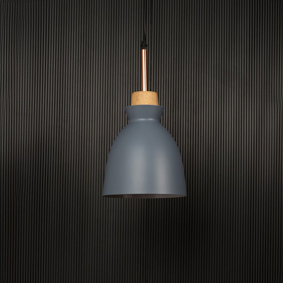 Grey pendant ceiling light with wooden accent switched off on back background for modern dining room and cafe interior lighting.