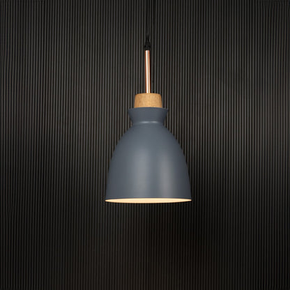 Grey pendant ceiling light with wooden accent illuminated on back background for elegant dining room and cafe ceiling lighting.