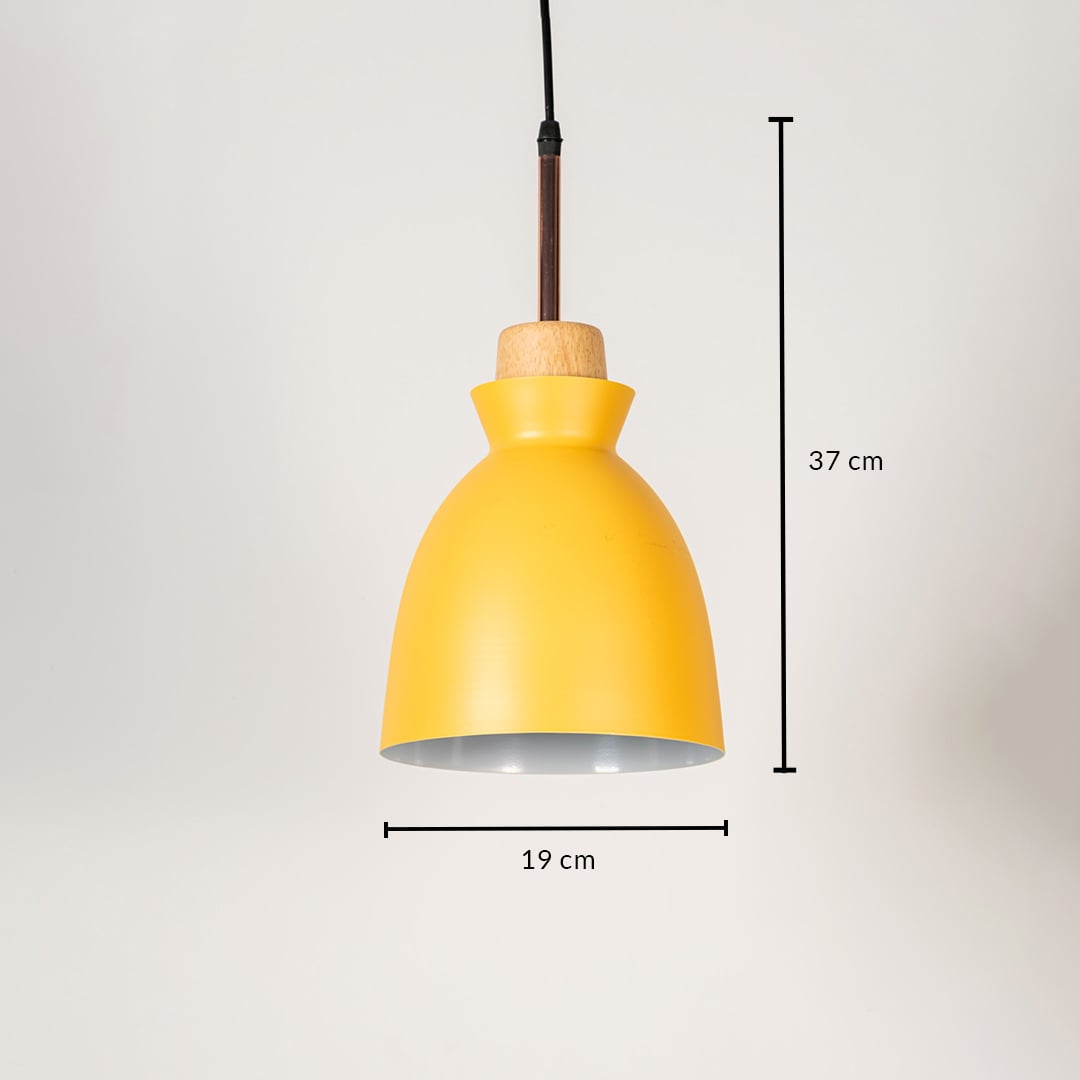 Yellow pendant light with wooden top shown with size 37cm height and 19cm width on white background for product details.