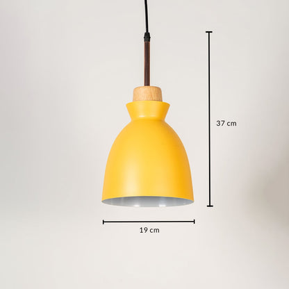 Yellow pendant light with wooden top shown with size 37cm height and 19cm width on white background for product details.