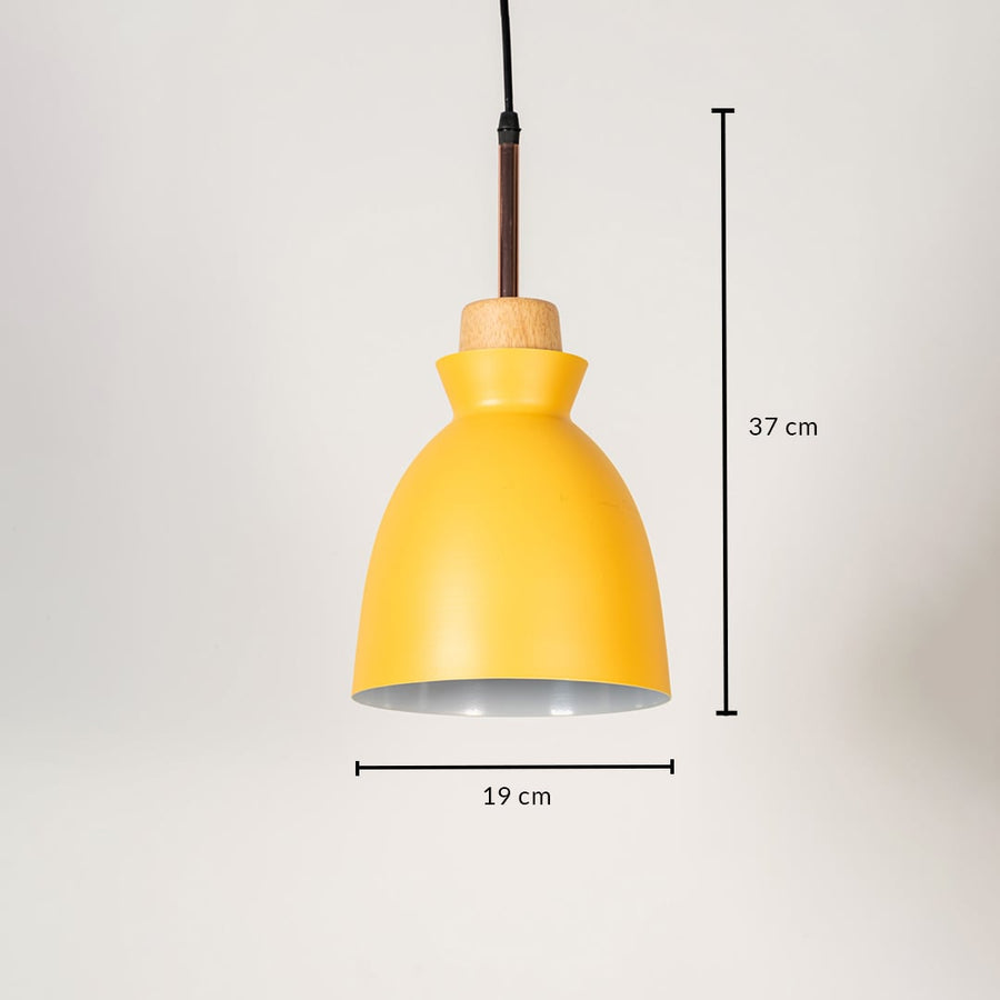 Yellow pendant light with wooden top shown with size 37cm height and 19cm width on white background for product details.