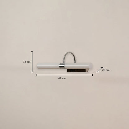 White and chrome picture light measuring 41 cm width and 20 cm depth shown on white background for accurate wall decor planning.