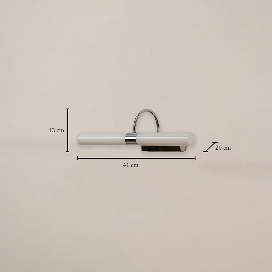White and chrome picture light measuring 41 cm width and 20 cm depth shown on white background for accurate wall decor planning.