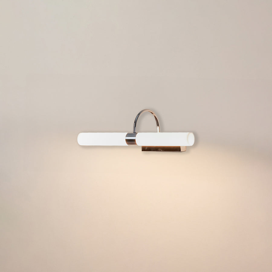 Modern wall light in white metal finish with linear bar design for bathroom or vanity decor lighting white background.