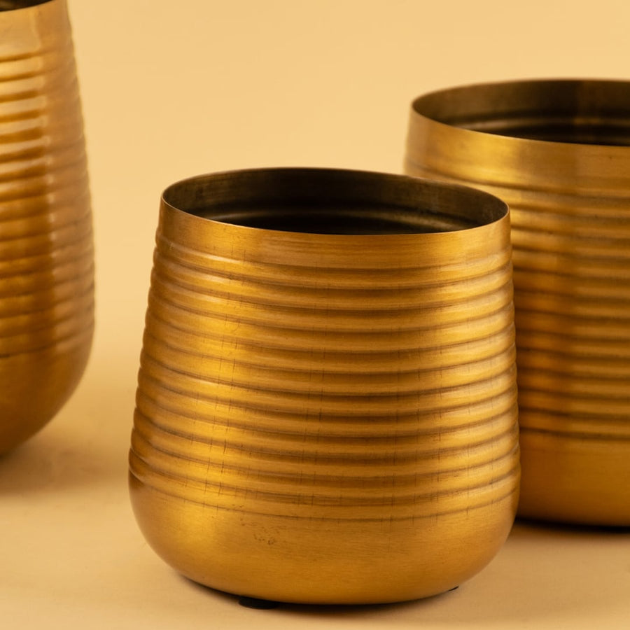 Gold metal planter closeup with ribbed texture and glossy finish perfect for modern tabletop and shelf decor styling.