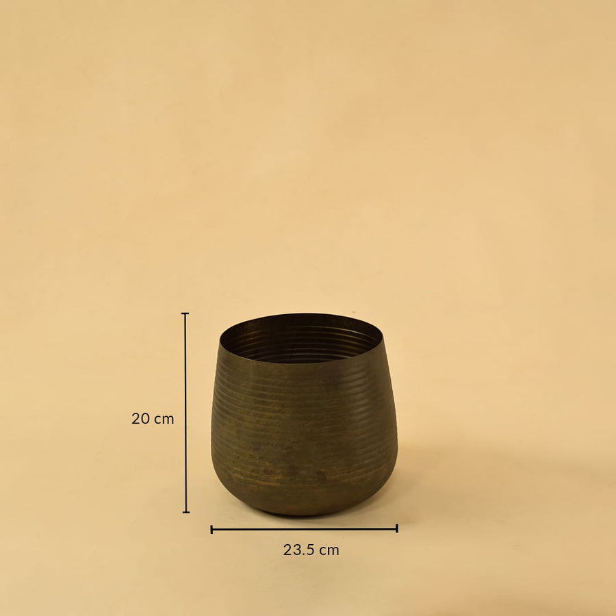 Brown metal planter decor with 20 cm height and 23.5 cm width perfect for shelves tables and modern home styling.
