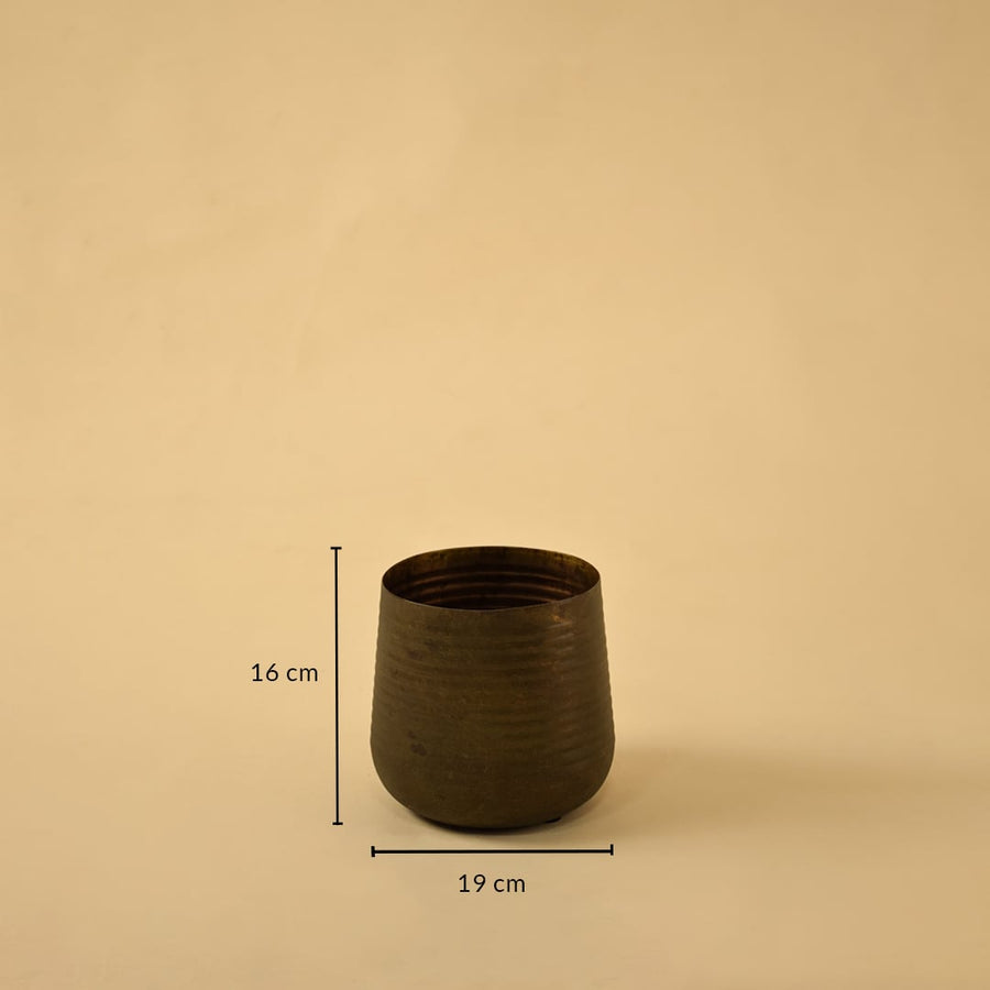 Brown metal planter decor with 16 cm height and 19 cm width perfect for shelves tables and modern home styling.