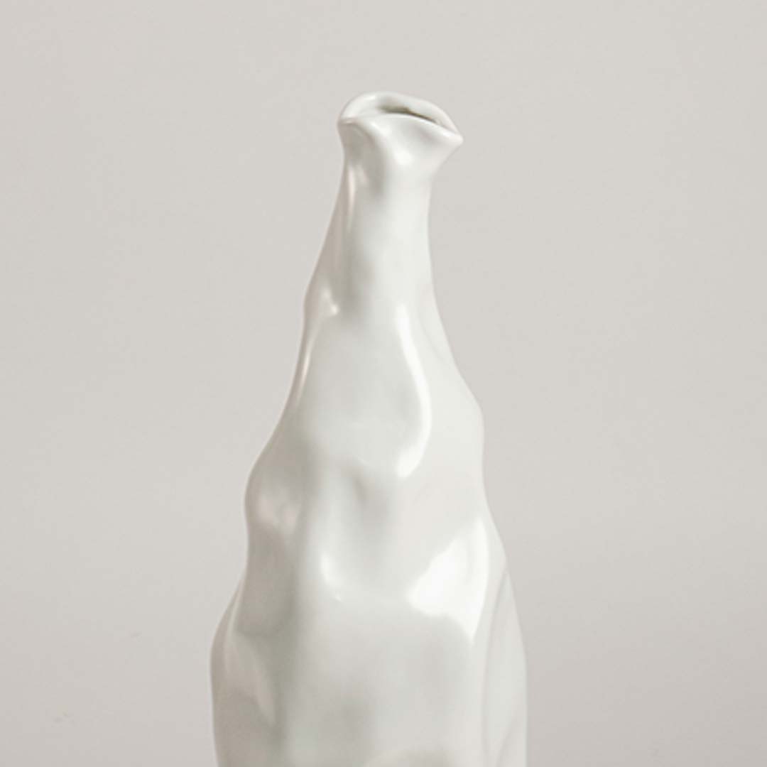 Closeup view of a sculpted white ceramic vase showing its textured organic surface and artistic curves in a clean minimal composition.