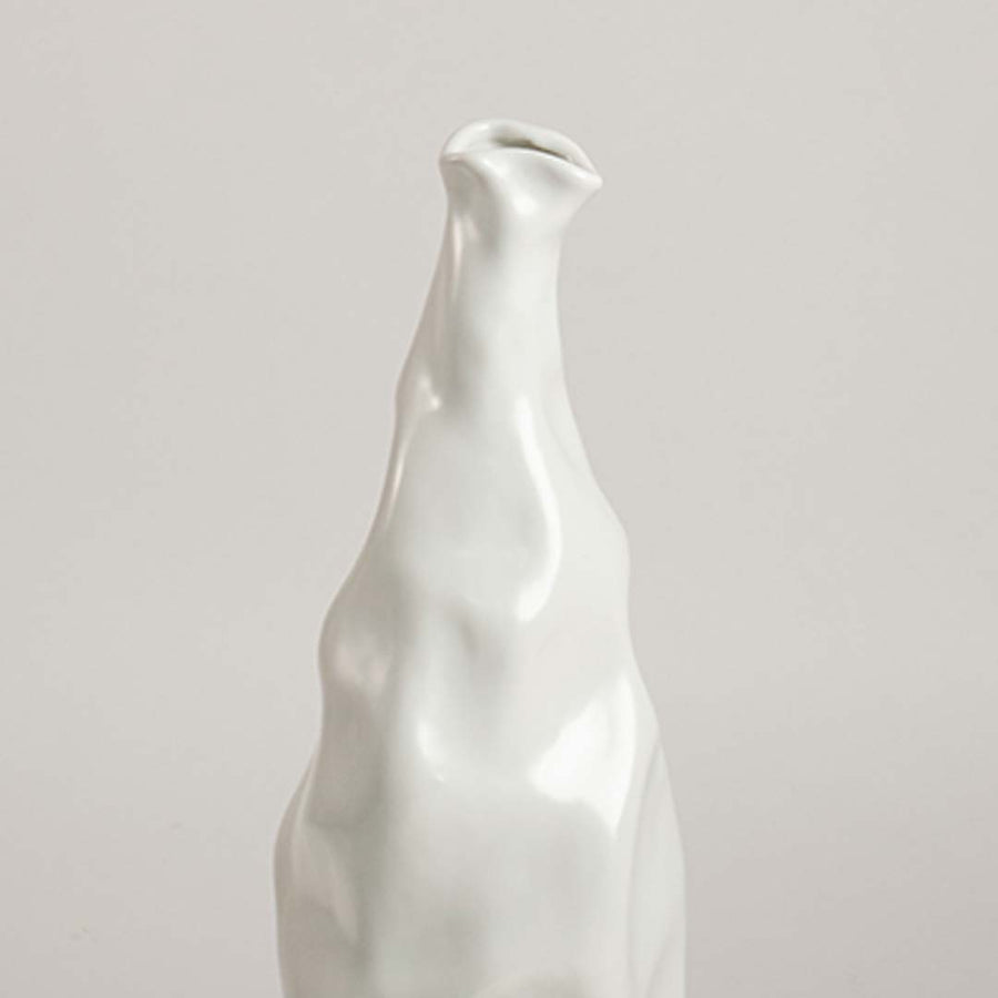Closeup view of a sculpted white ceramic vase showing its textured organic surface and artistic curves in a clean minimal composition.