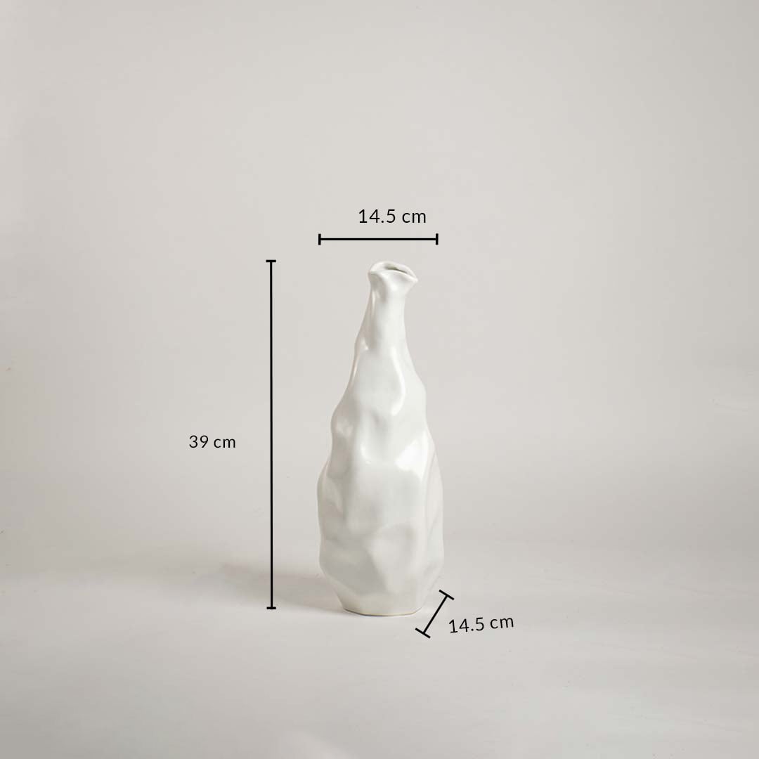 Dimension image of a sculpted white ceramic vase showing height 39 cm and width 14.5 cm  displayed clearly on a clean white background.
