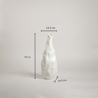 Dimension image of a sculpted white ceramic vase showing height 39 cm and width 14.5 cm  displayed clearly on a clean white background.