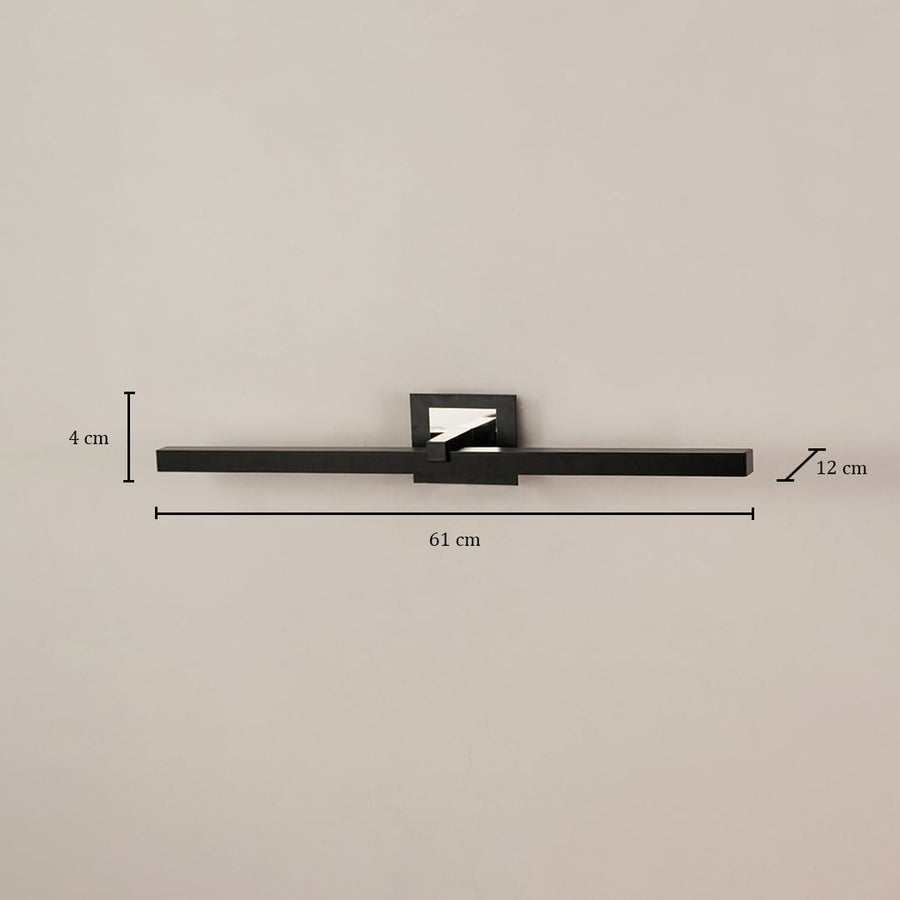 Black metal picture light with 61 cm width 12 cm depth and 4 cm height shown clearly for accurate wall placement.