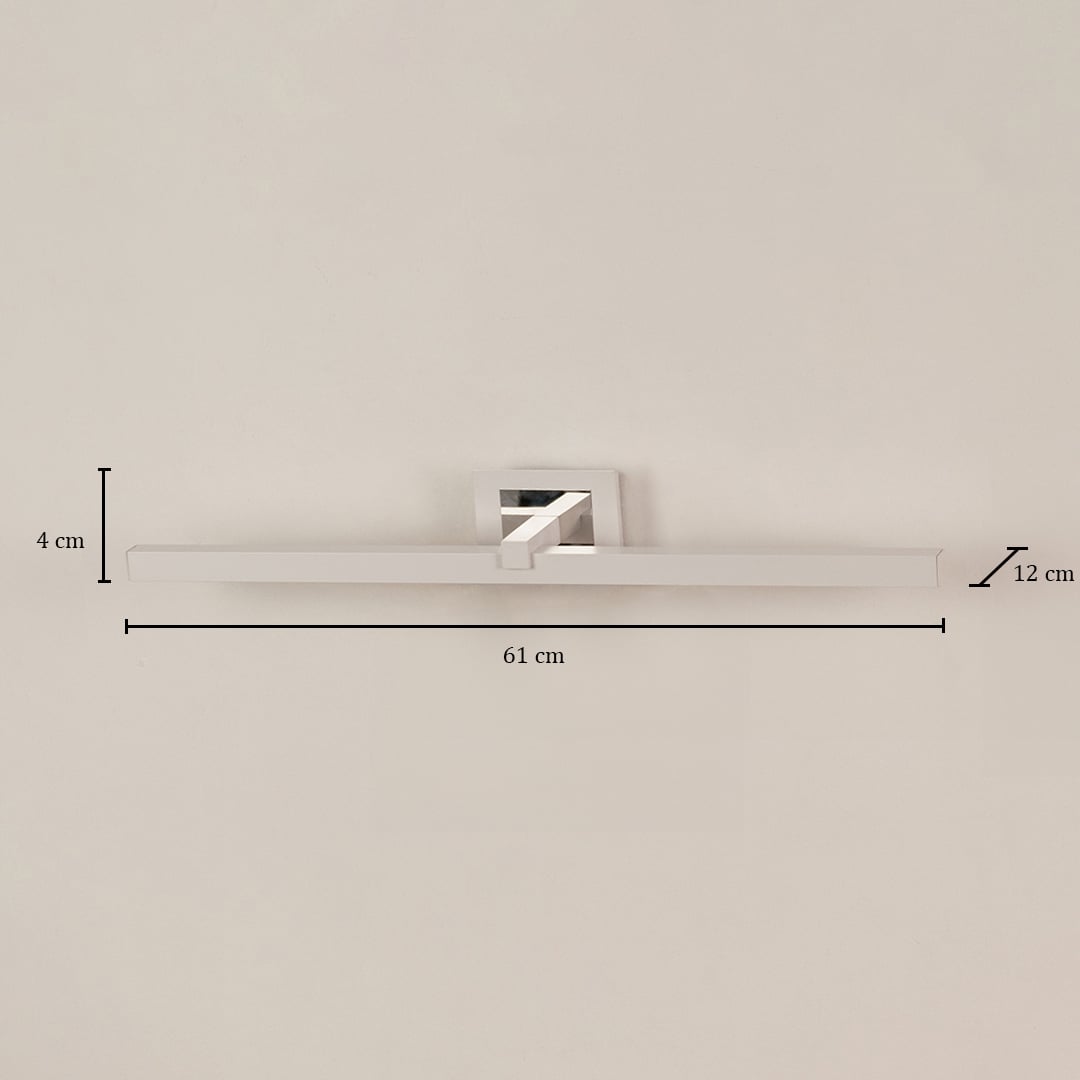 Silver metal picture light with 61 cm width 12 cm depth and 4 cm height shown clearly for accurate wall placement.