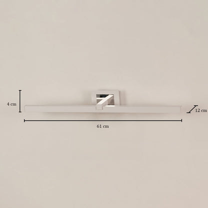 Silver metal picture light with 61 cm width 12 cm depth and 4 cm height shown clearly for accurate wall placement.